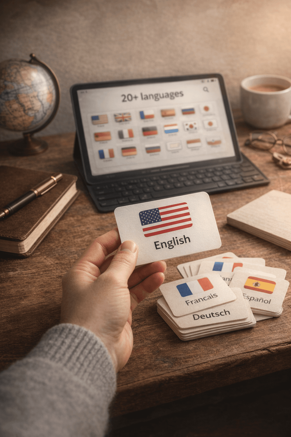 Okuzeka 20 dil seçeneği ile ücretsiz başla — İngilizce, Almanca, Fransızca, İspanyolca dil öğrenme uygulaması