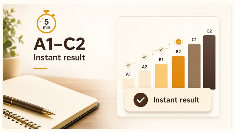 Okuzeka English test result showing a CEFR level and learning direction
