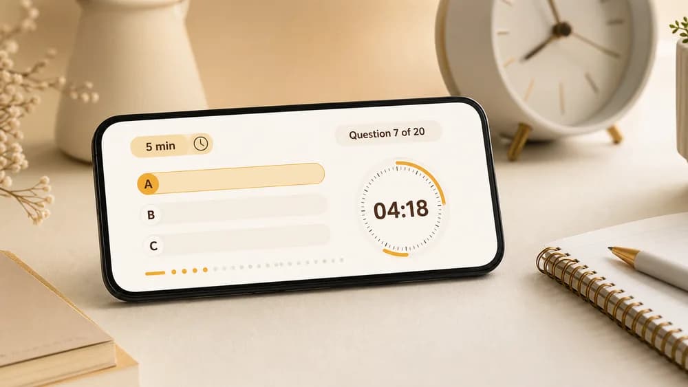 Okuzeka five-minute English level test displayed on a mobile phone