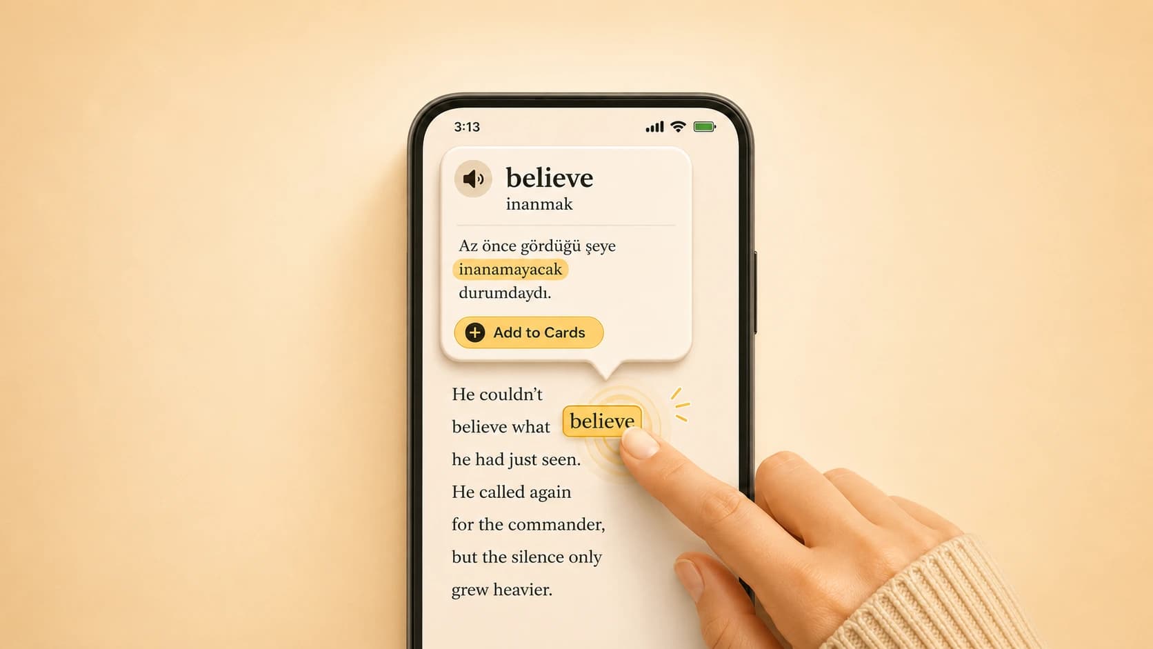 Okuzeka reader showing a tapped word with contextual meaning, Turkish translation, pronunciation, and an add-to-cards button.