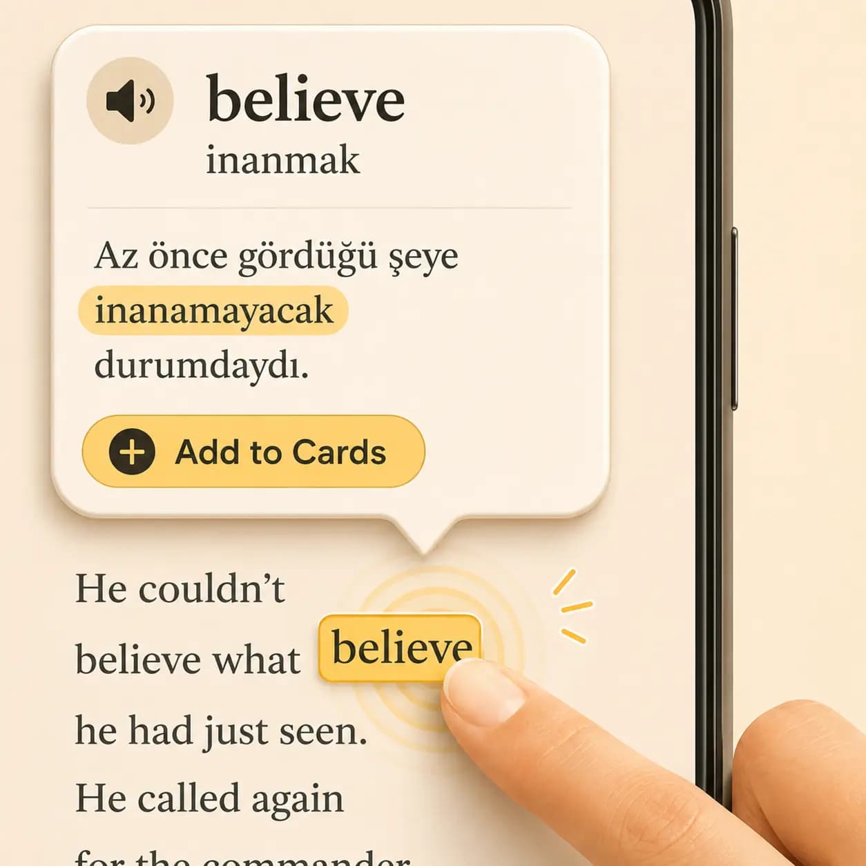 Okuzeka reading vocabulary example for the word believe, with Turkish meaning and add-to-cards action.