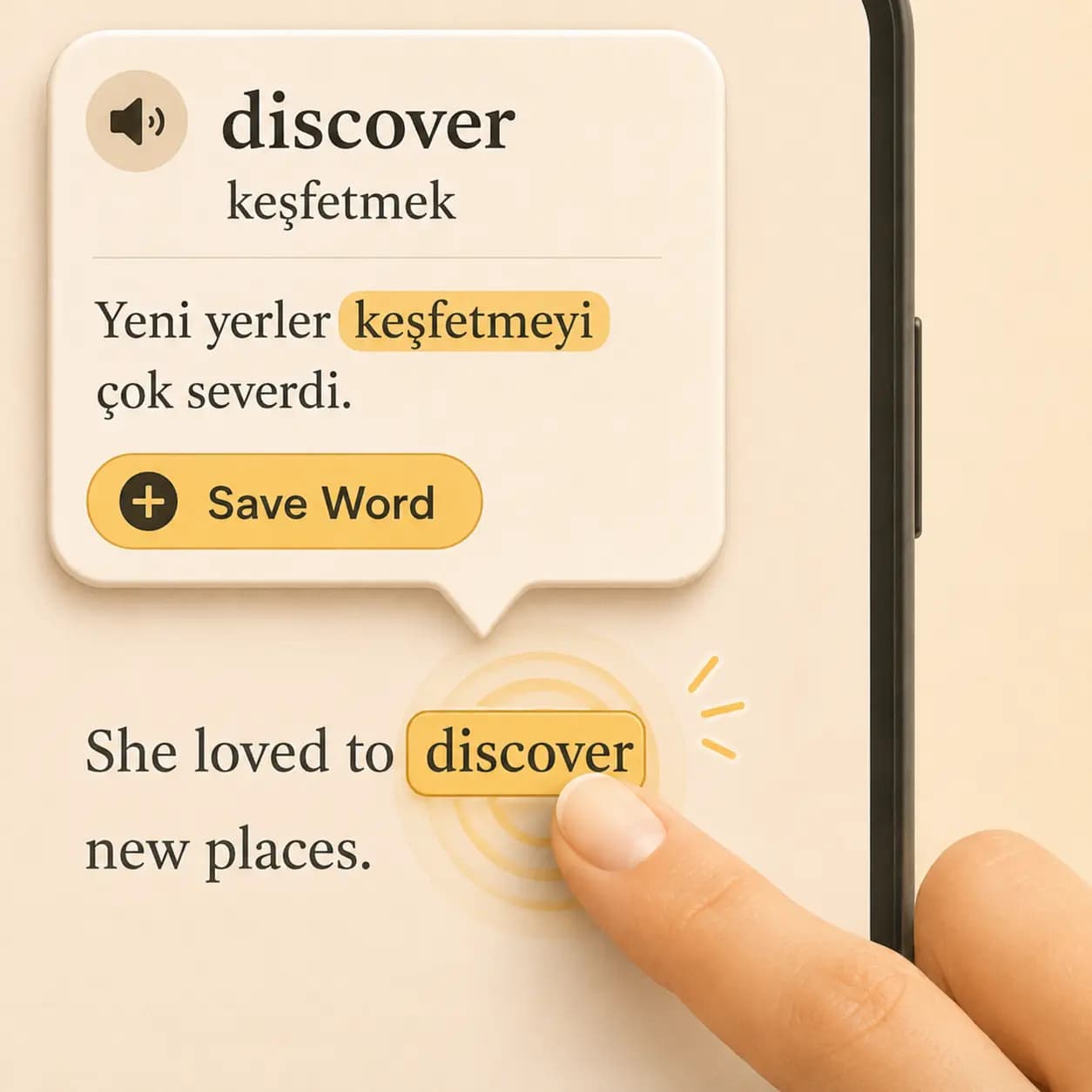 Okuzeka reading app example for the word discover, with Turkish meaning, highlighted sentence context, and save-word action.