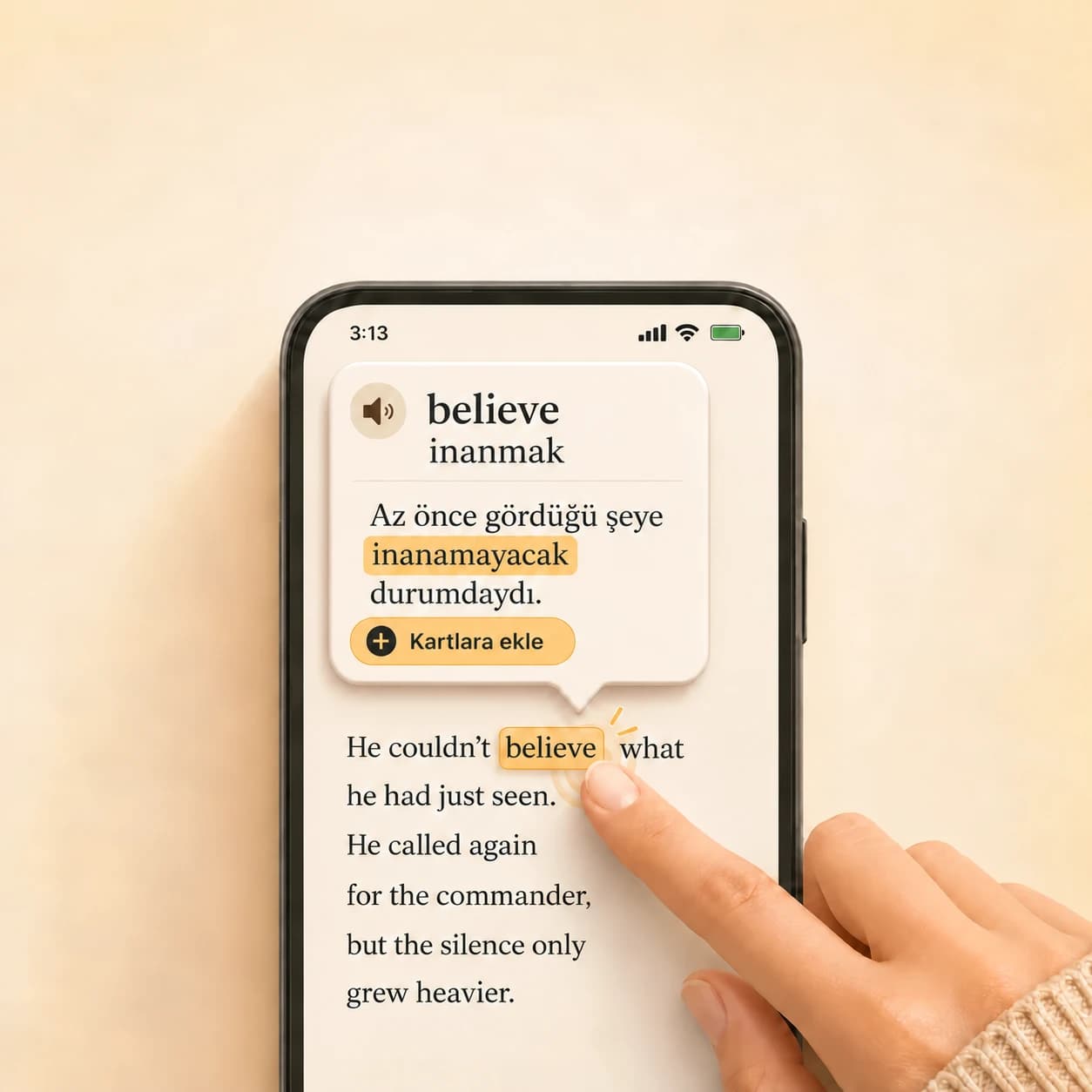 Okuzeka okuyucusunda believe kelimesinin Türkçe anlamı, cümle çevirisi ve Kartlara ekle düğmesi