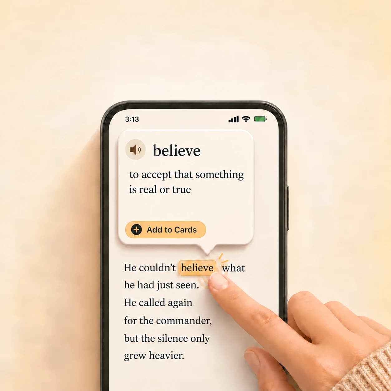 Okuzeka reader showing the contextual meaning of believe and the Add to Cards button