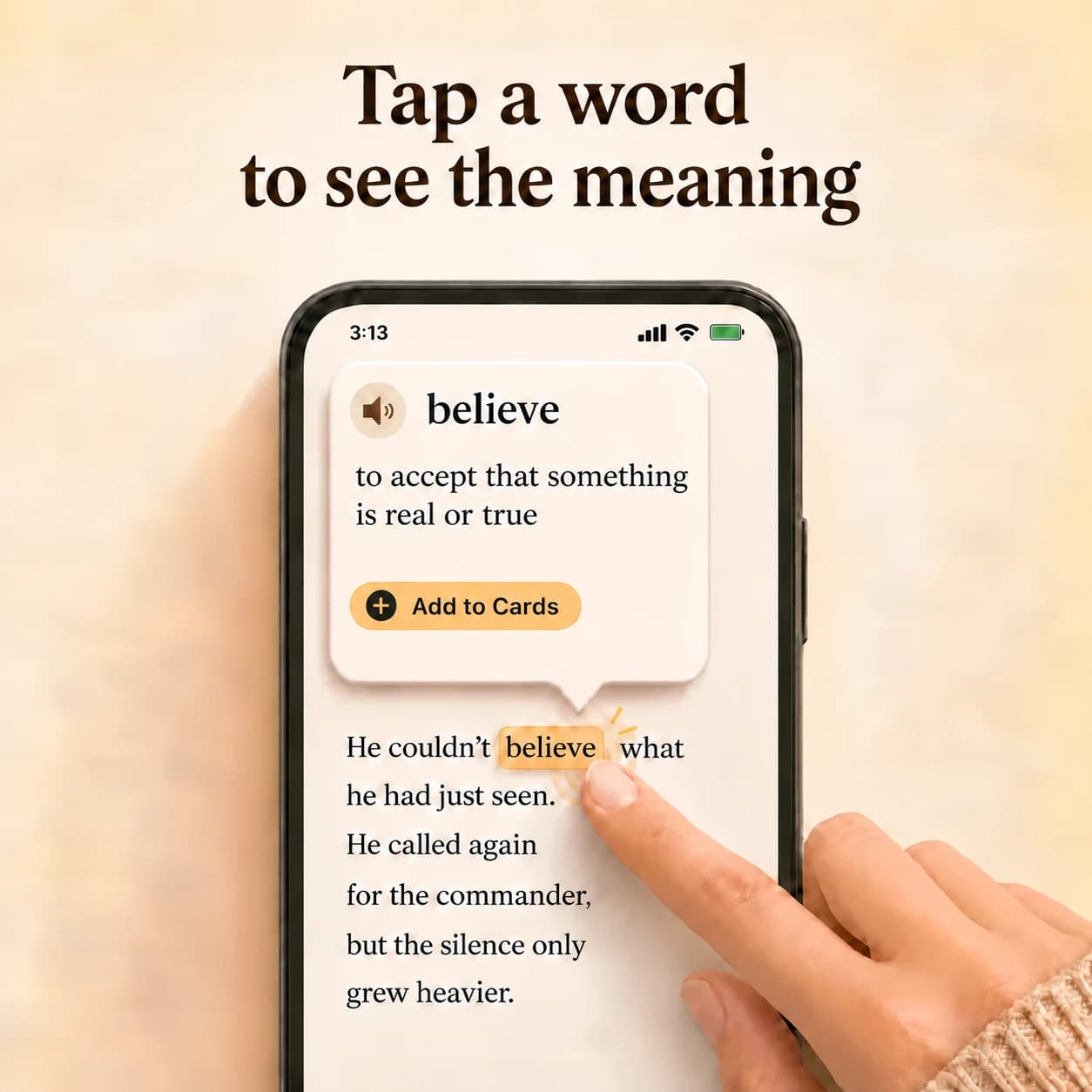 Okuzeka mobile reader: tap a word to see its meaning