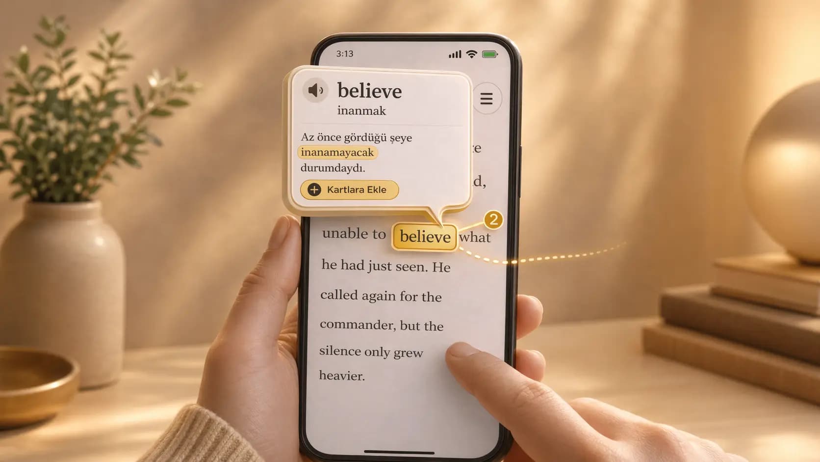 Okuzeka AI reading app showing contextual word meanings, instant translation, flashcards, and customizable reader settings for books and PDFs