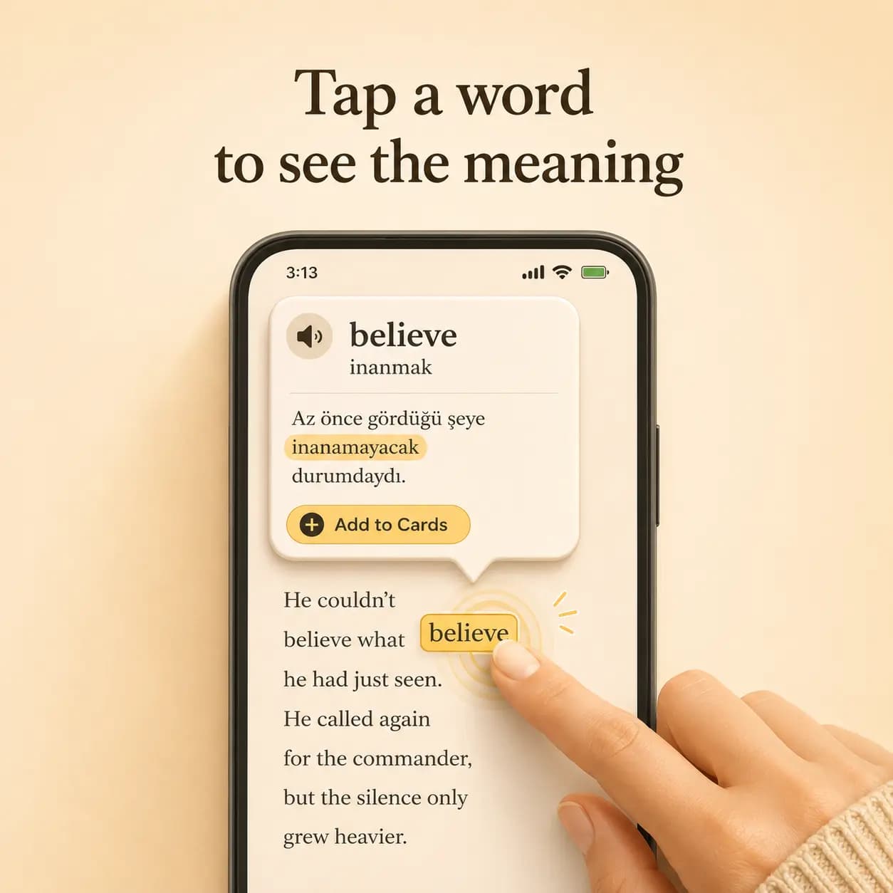 Okuzeka mobile reader showing tap a word to see the meaning with contextual translation and save to cards
