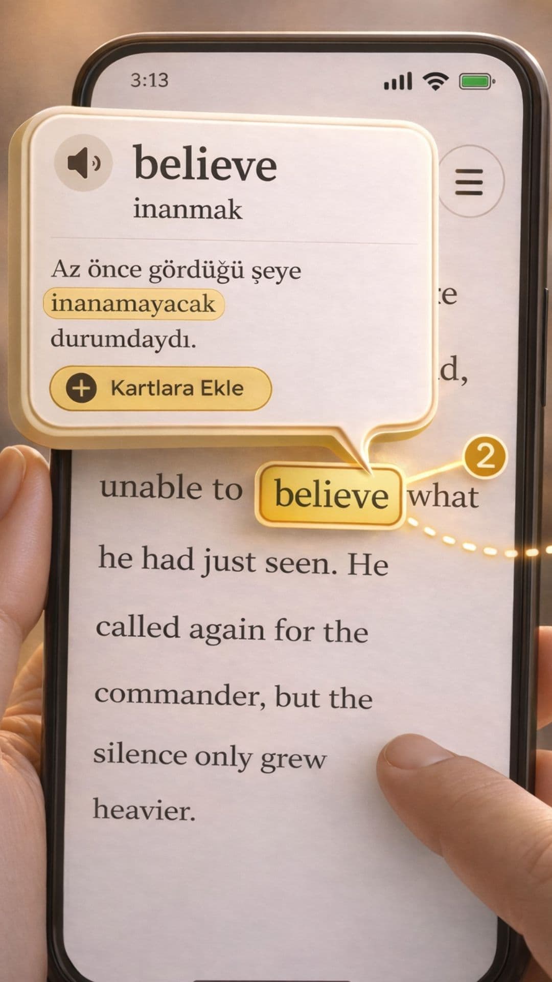 Okuzeka mobile reader showing tap a word to see its contextual meaning
