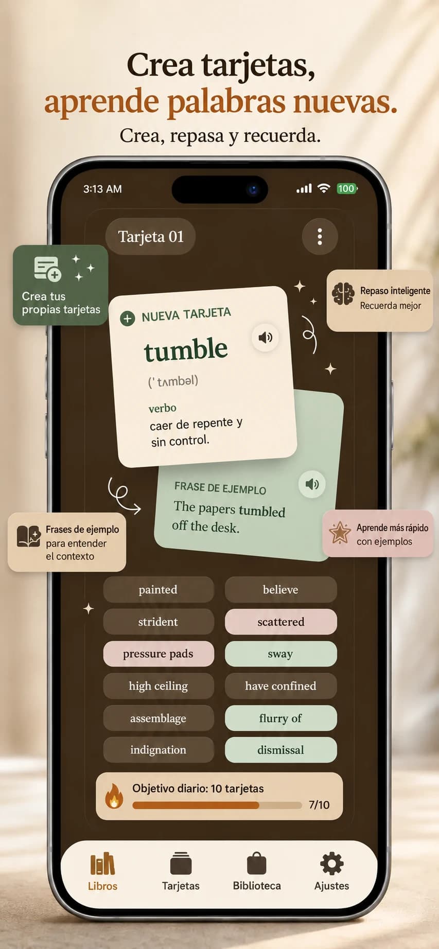 Tarjetas de vocabulario de Okuzeka con una frase de ejemplo