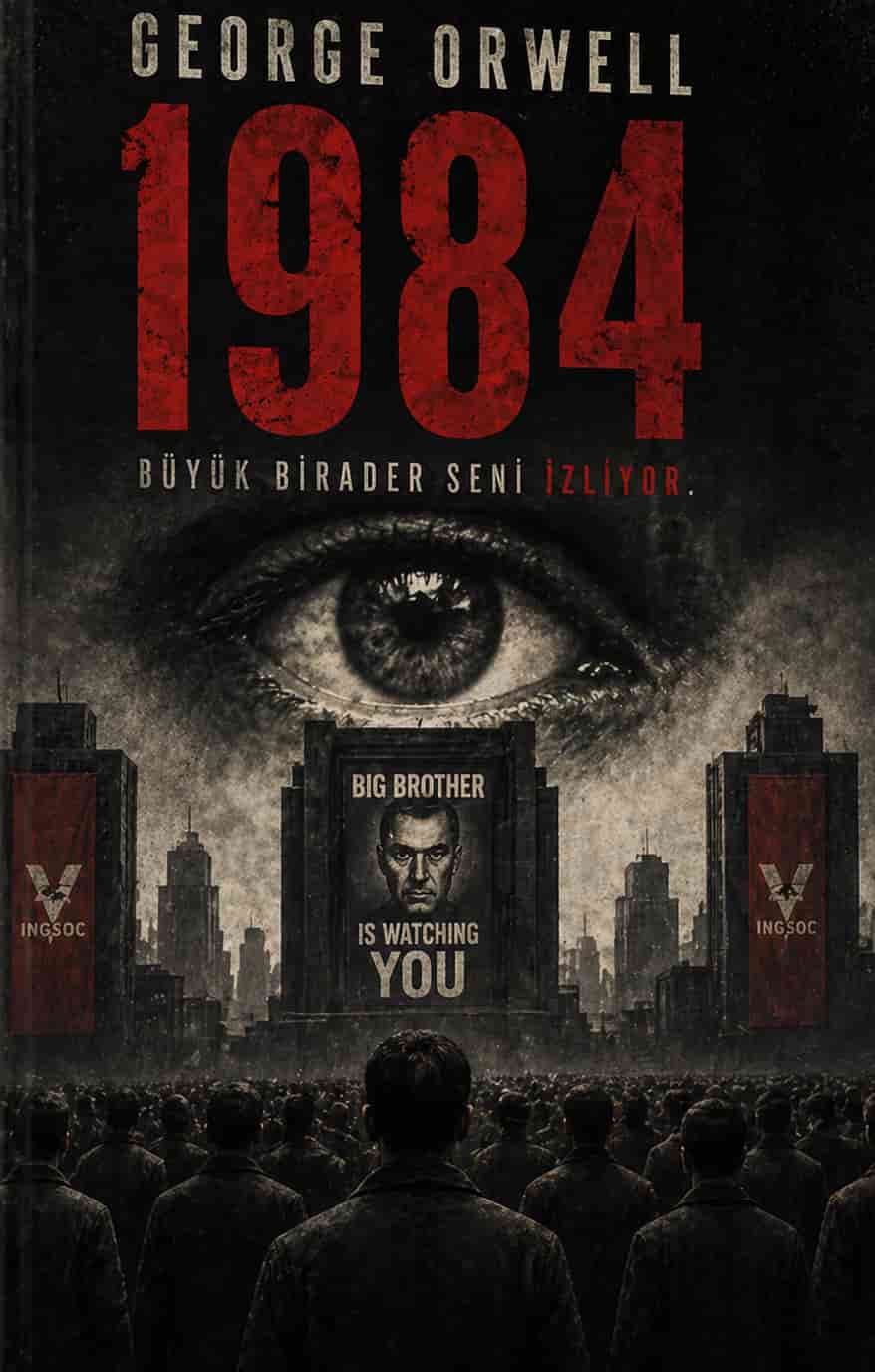 Vintage book cover for George Orwell's 1984 featuring an all-seeing eye and minimalist dystopian design in gold and deep tones.