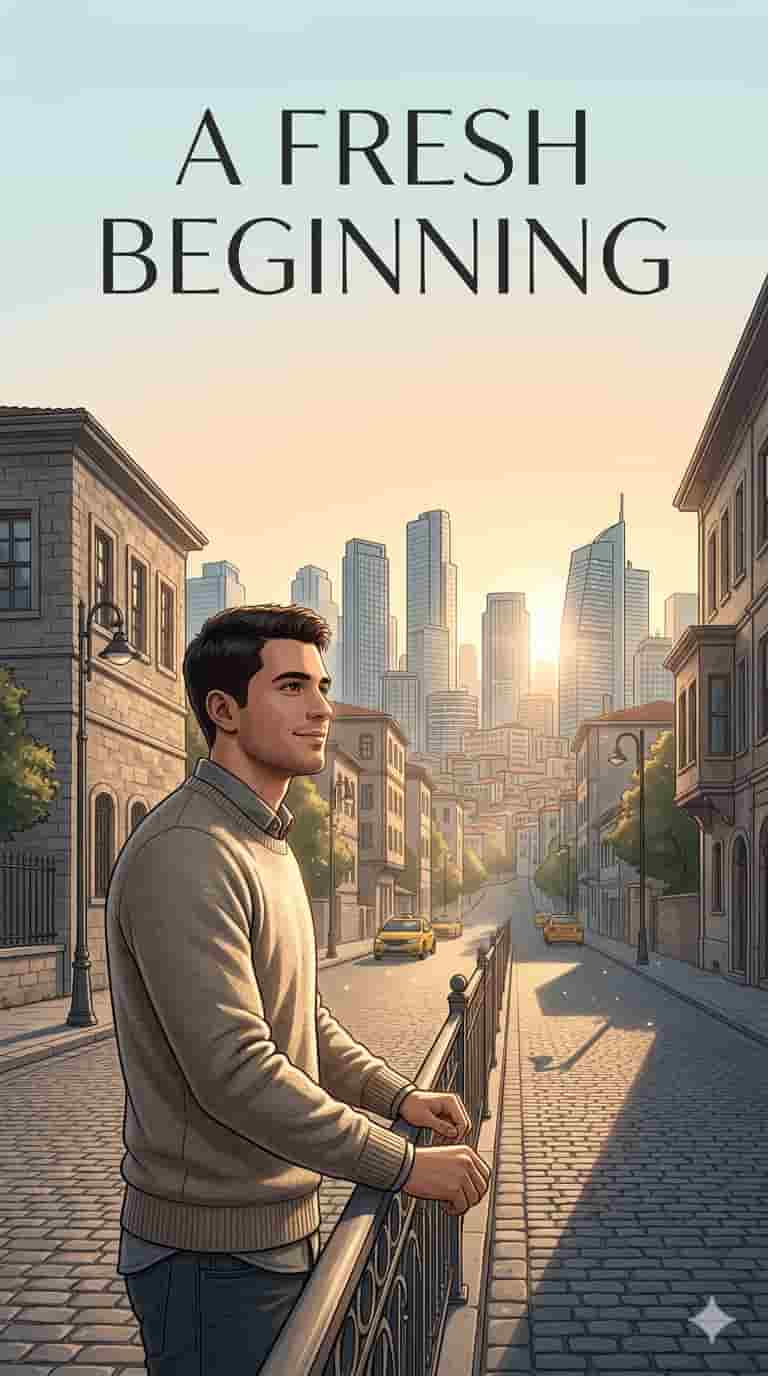 A young man standing in a big city at sunrise, symbolizing a new beginning and a fresh start in life.