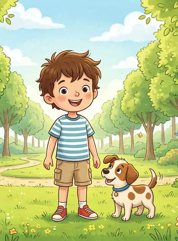 A young boy named Tom standing in a sunny park with a small dog, warm and friendly atmosphere, children’s storybook styl