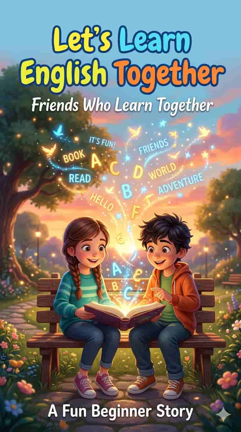 Colorful and magical book cover showing two children learning English together in a park with glowing letters