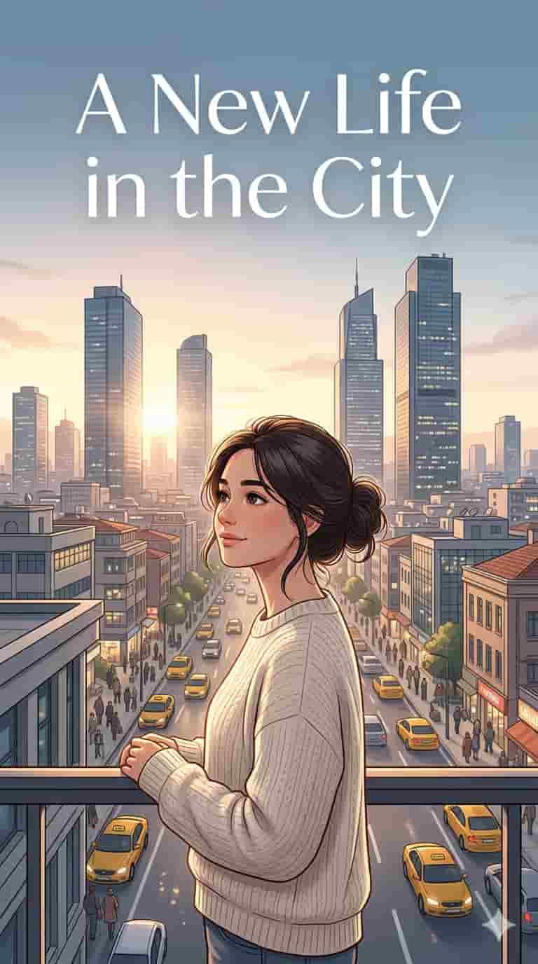 A young woman standing in a big city with tall buildings, starting a new life and looking hopeful.