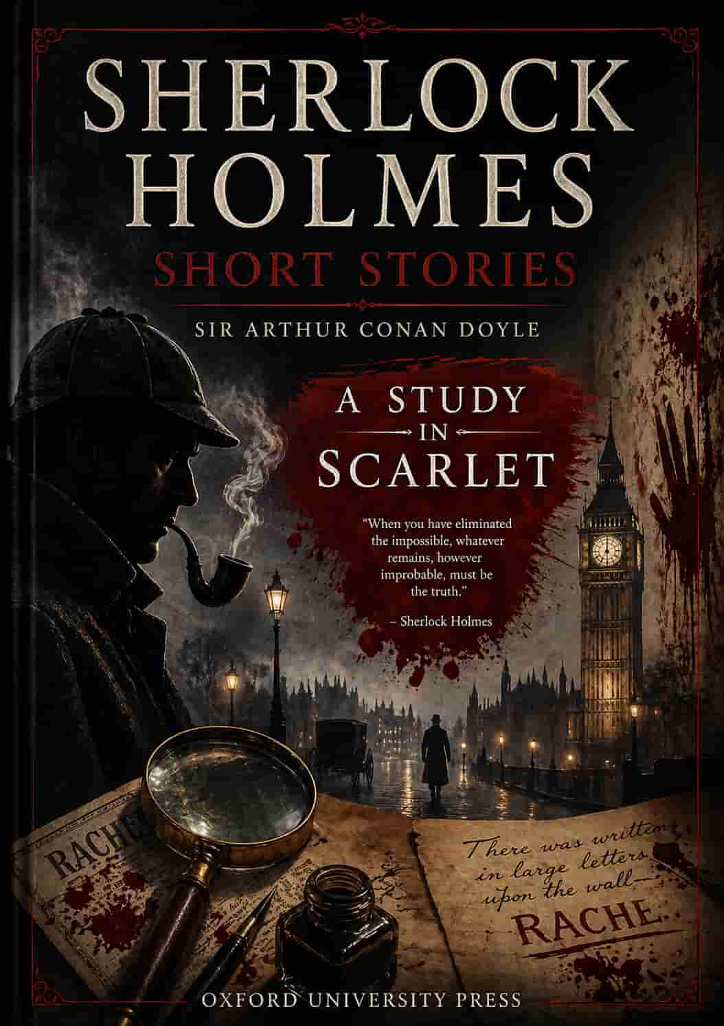 Vintage-style book cover for A Study in Scarlet featuring Sherlock Holmes and Dr. Watson silhouettes under a Victorian gas lamp in London.