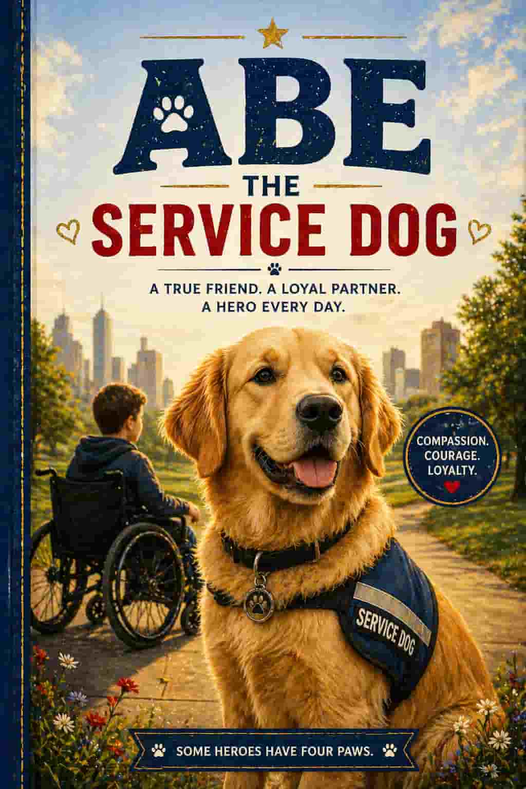 Book cover for Abe the Service Dog; a friendly Golden Retriever wearing a service vest next to his friend. Bright and friendly illustration.