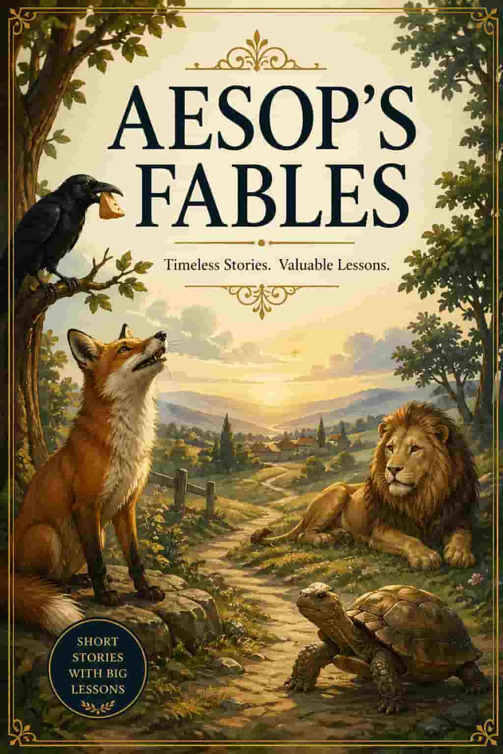 Vintage Aesop's Fables cover with a fox, racing tortoise and hare, and a treehouse under stars. Classic gold and teal illustrated style.