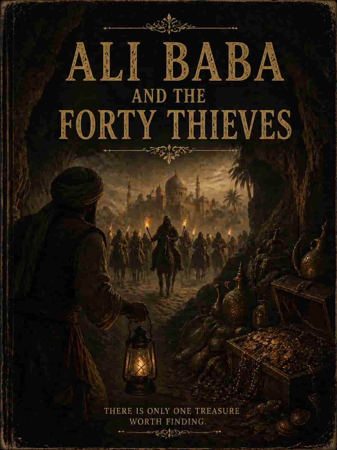 Vintage book cover for Ali Baba and the Forty Thieves; a hidden desert cave opening to reveal gold treasures in a classic orientalist style.