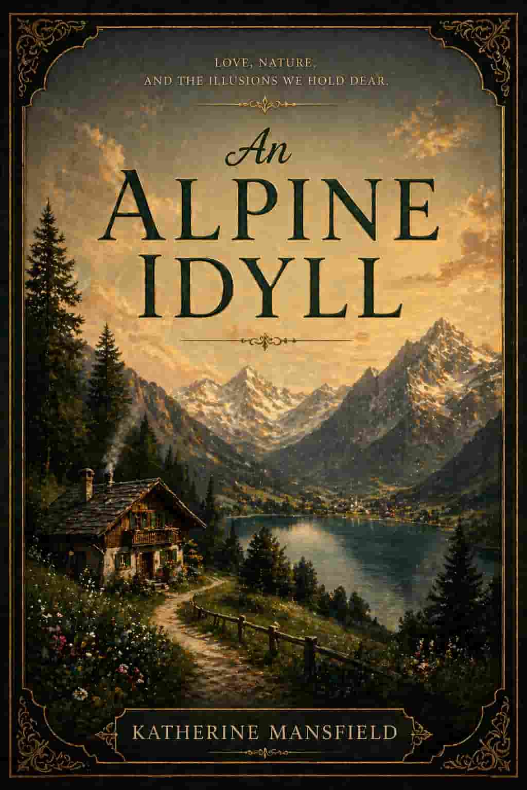 Vintage cover for An Alpine Idyll; snowy Swiss peaks and a lonely wooden inn in a classic minimalist Hemingway-esque illustrated style.