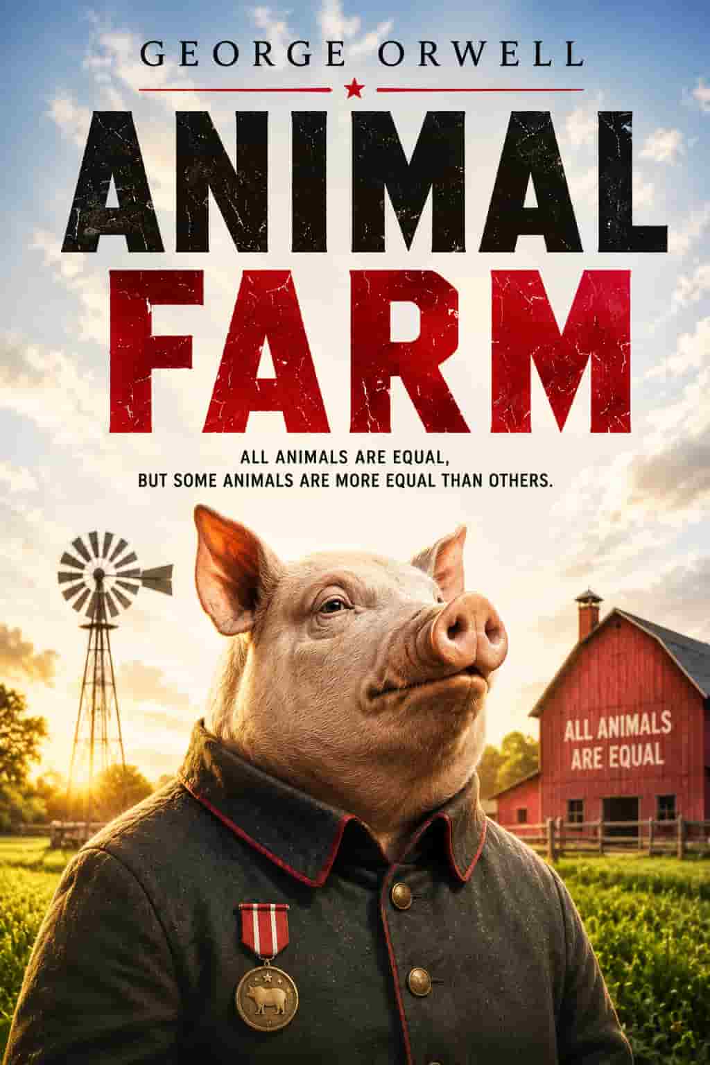 Animal Farm book cover featuring a powerful pig standing before a bright rural farm beneath a dramatic golden sunrise.