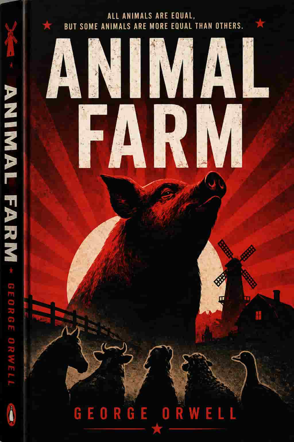 Vintage book cover for Animal Farm featuring a majestic pig and farm elements in a classic gold and deep red illustrated style.