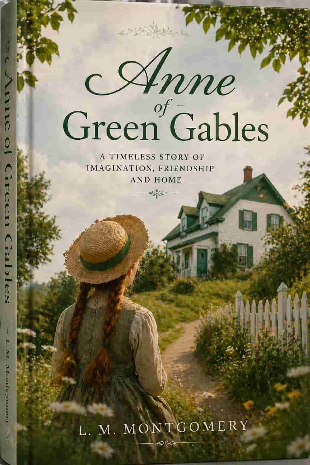 Vintage Anne of Green Gables cover; a red-haired girl with braids and the iconic farmhouse. Classic gold-leaf and green illustrated style.