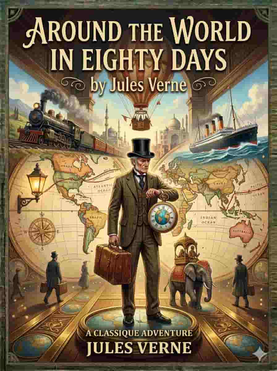 A gentleman with a suitcase and a world map showing travel routes, adventure travel book cover design