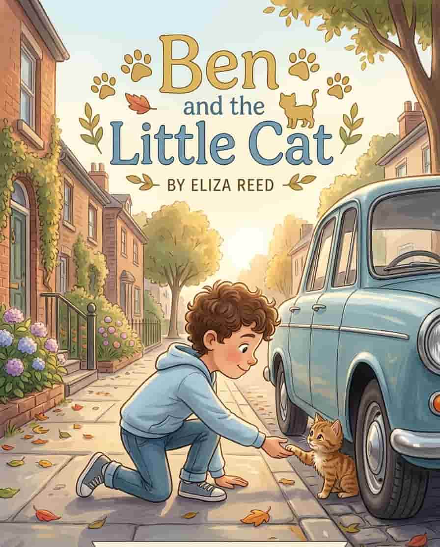 A young boy sitting on the ground gently feeding a small scared cat under a car, warm sunlight,