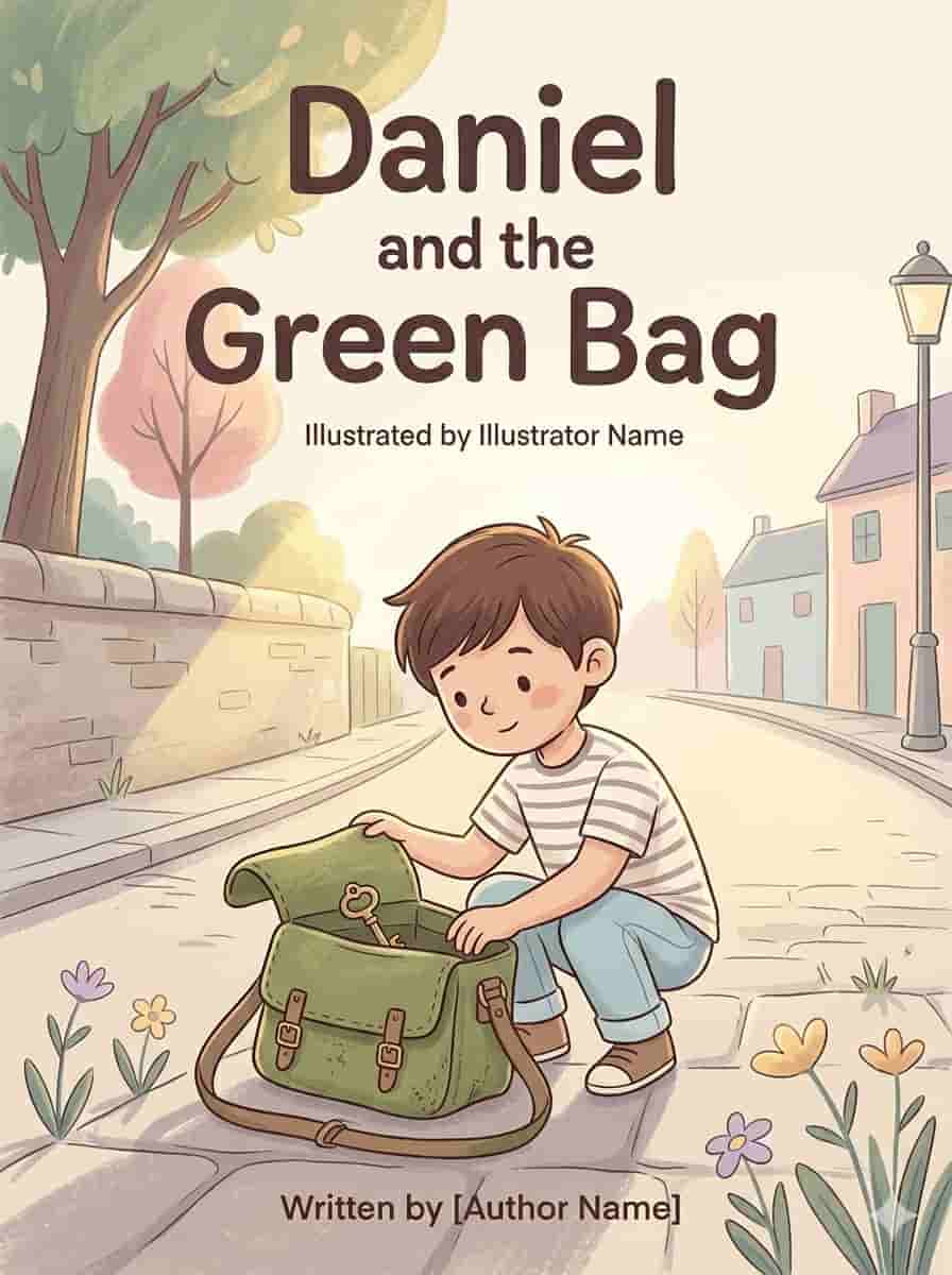 A young boy picking up a small green bag from the ground on a quiet street, soft sunlight