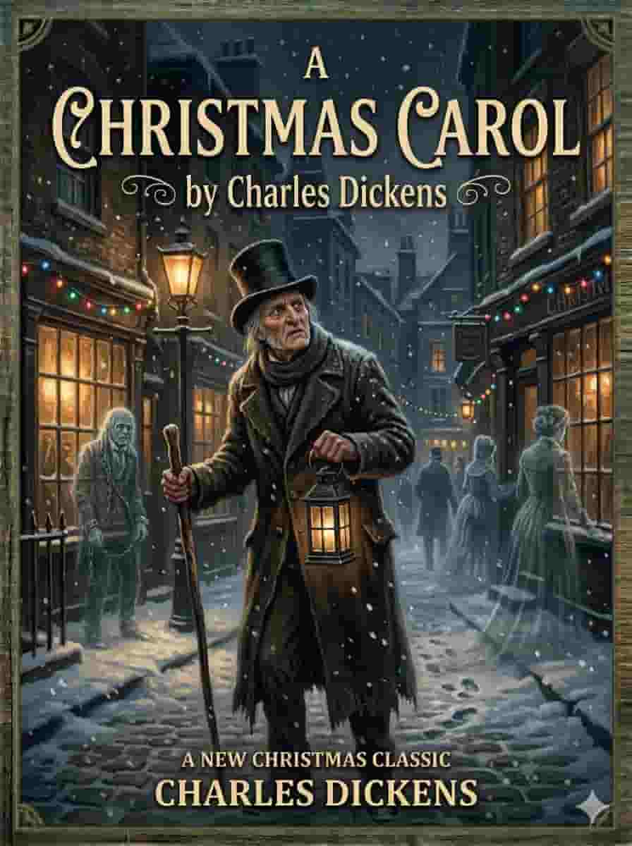 An old man in a snowy Victorian street with glowing lights and ghostly figures, classic Christmas book cover design
