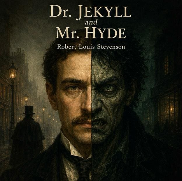 Dr. Jekyll and Mr. Hyde kapağı, Stevenson’ın gotik korku klasiğini ve ikili kişilik temasını yansıtan tasarım.