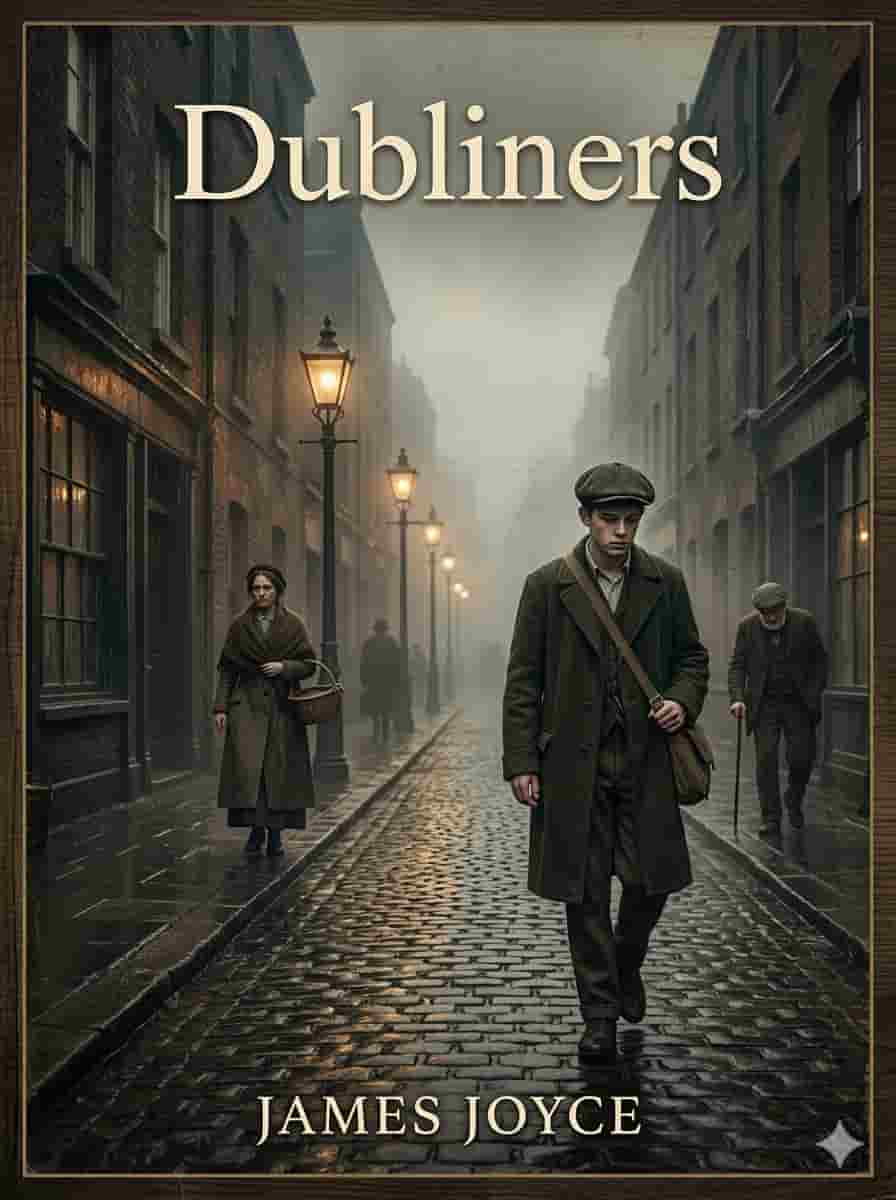 Foggy old Dublin street with people walking under dim street lights, vintage literary book cover atmosphere