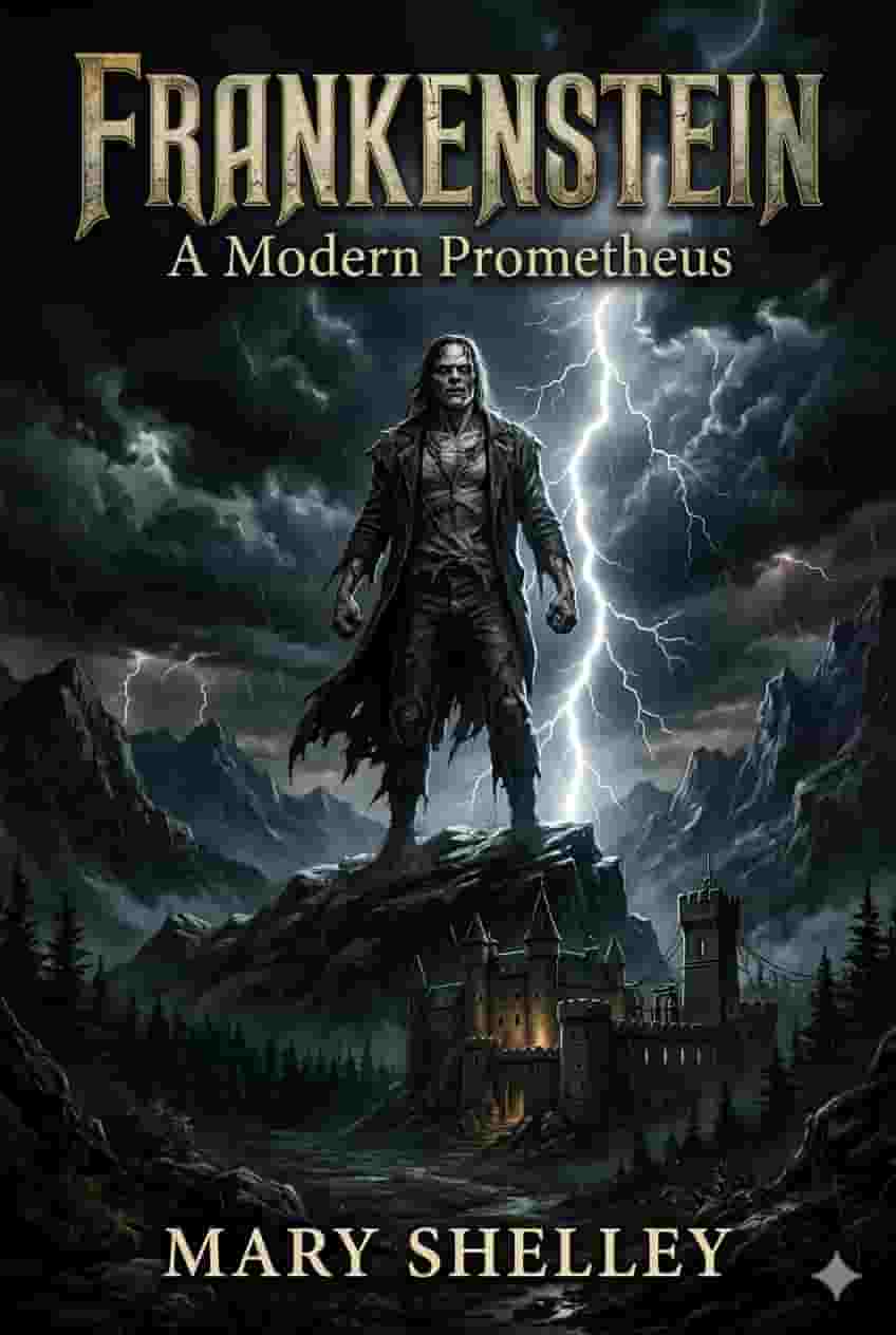 A humanoid creature standing under lightning in a dark stormy night, gothic horror book cover design