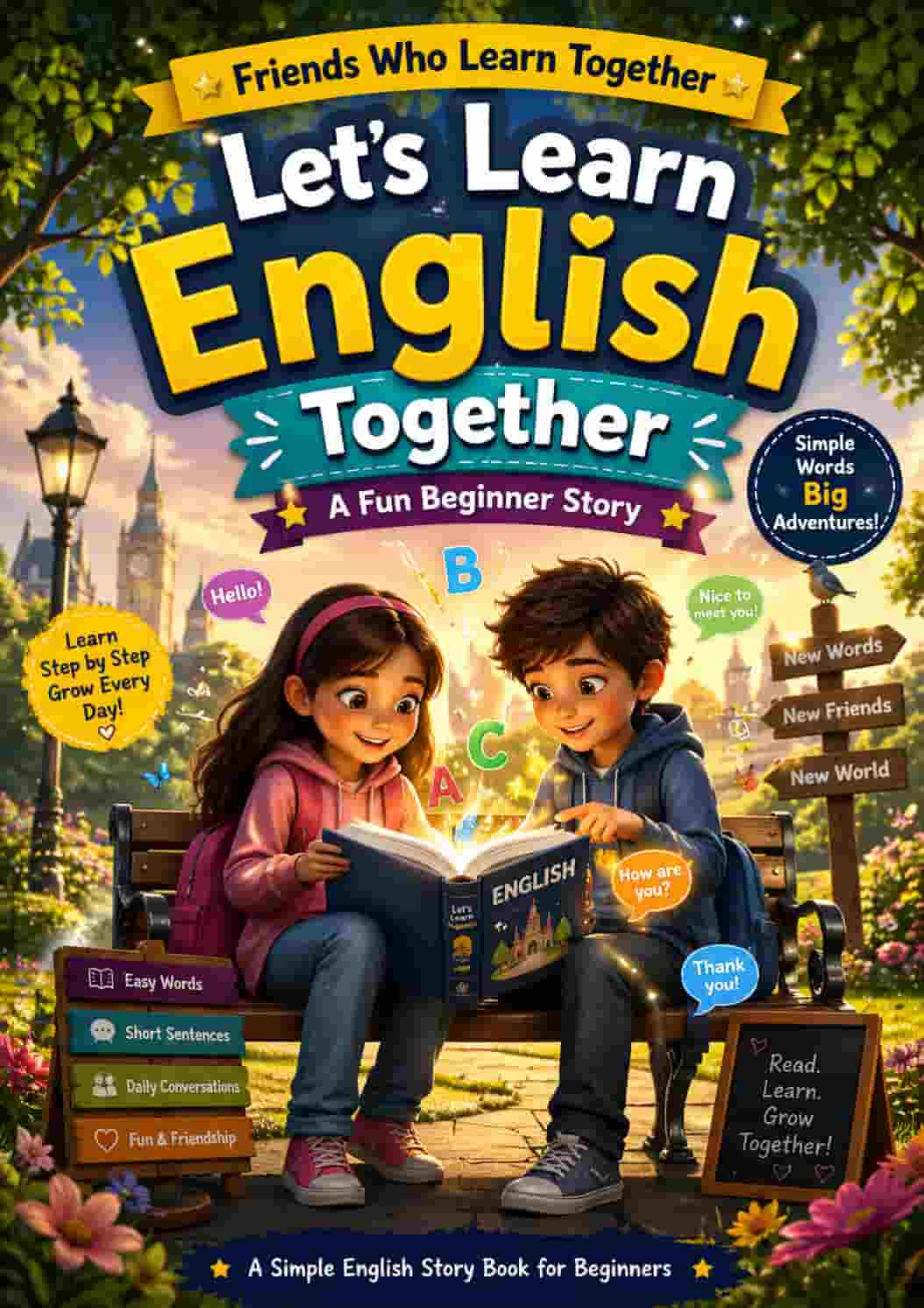 A simple beginner English story book cover with a friendly learning theme