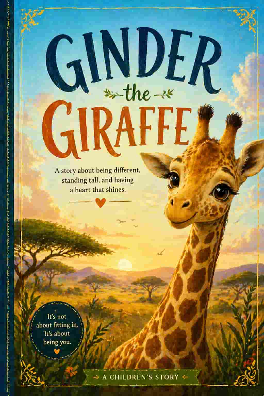 Cute book cover for Ginder the Giraffe; a friendly giraffe with colorful spots in a sunny savanna. Bright, modern illustrated style.