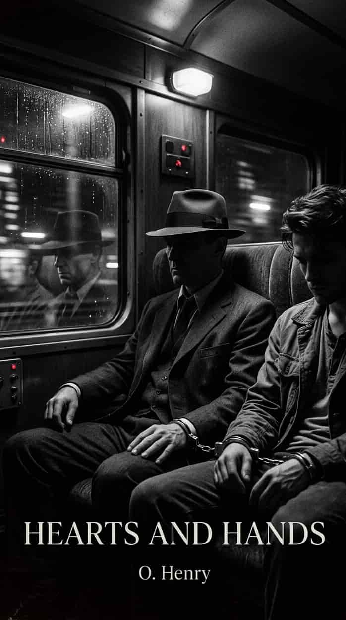 Vintage cover for Hearts and Hands; two men handcuffed together on a classic steam train, in a nostalgic, golden-age illustrated style.