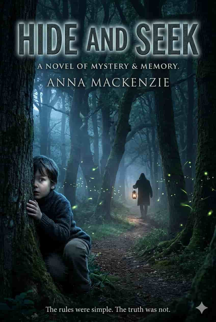 Vintage cover for Hide and Seek; a child’s silhouette behind heavy velvet curtains in a dimly lit Victorian room. Classic gothic style.