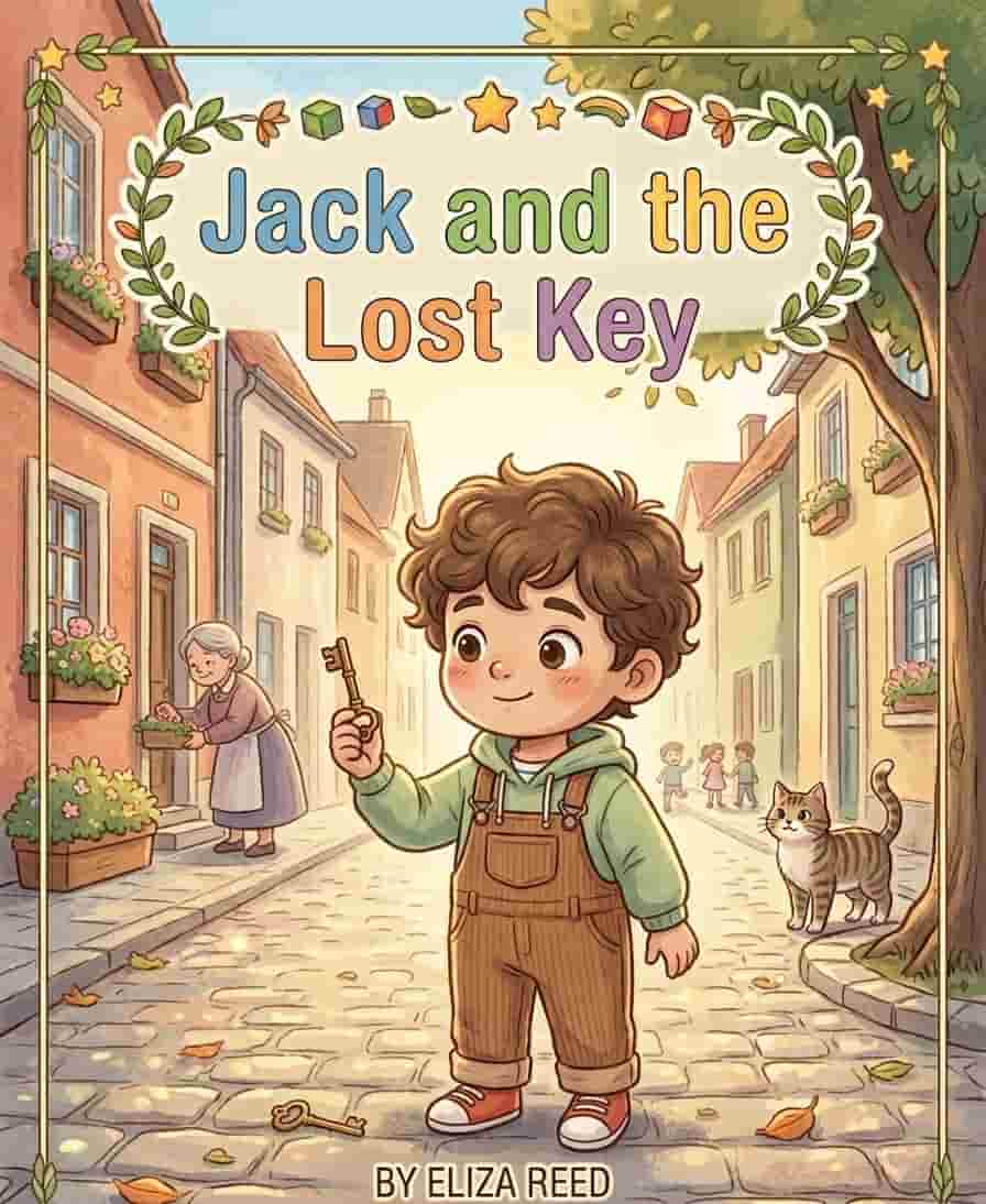 A young boy holding a small key while standing on a street, looking around to find the owner