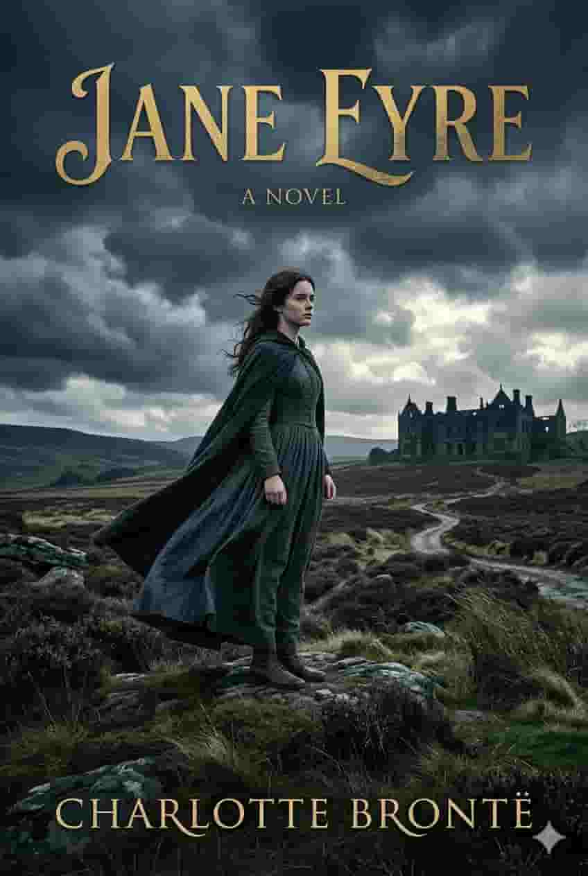 A woman standing on a windy moor with a gothic mansion in the background, emotional classic book cover design