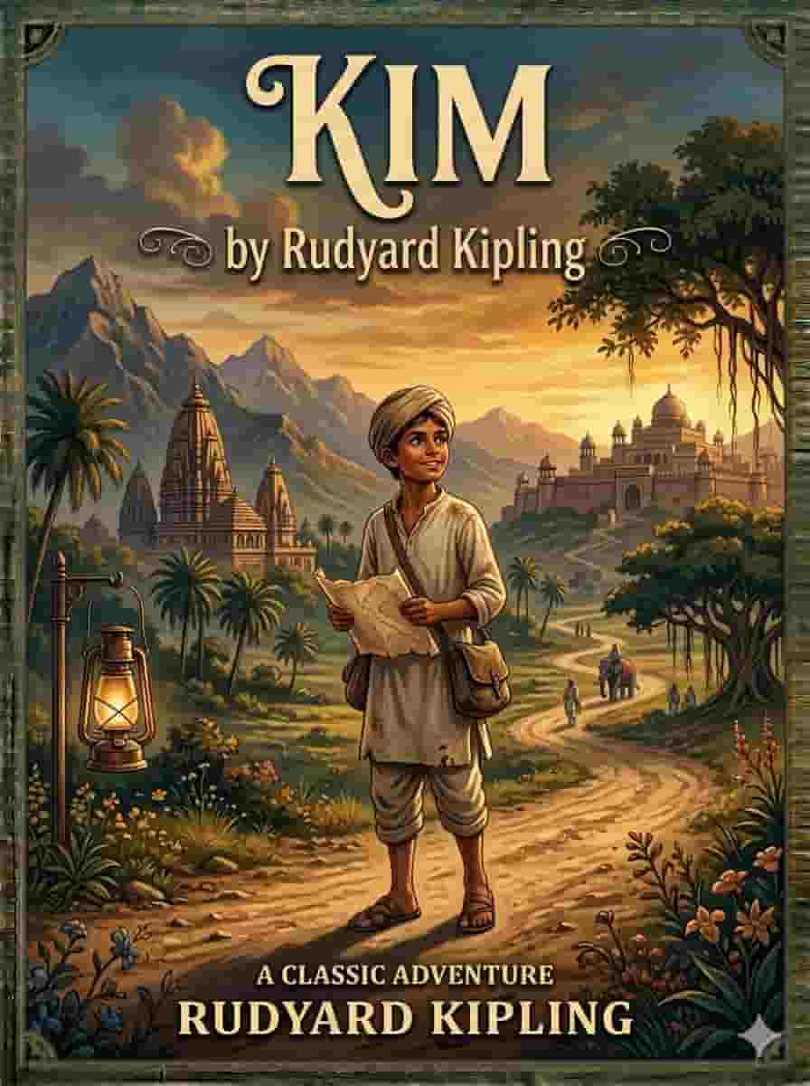 A young boy traveling across India with mountains and roads in the background, adventure book cover design