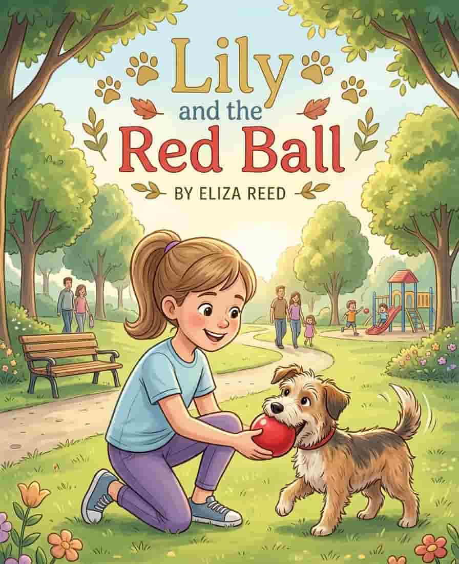 A little girl smiling and playing with a red ball in a sunny park while a small friendly dog runs beside her