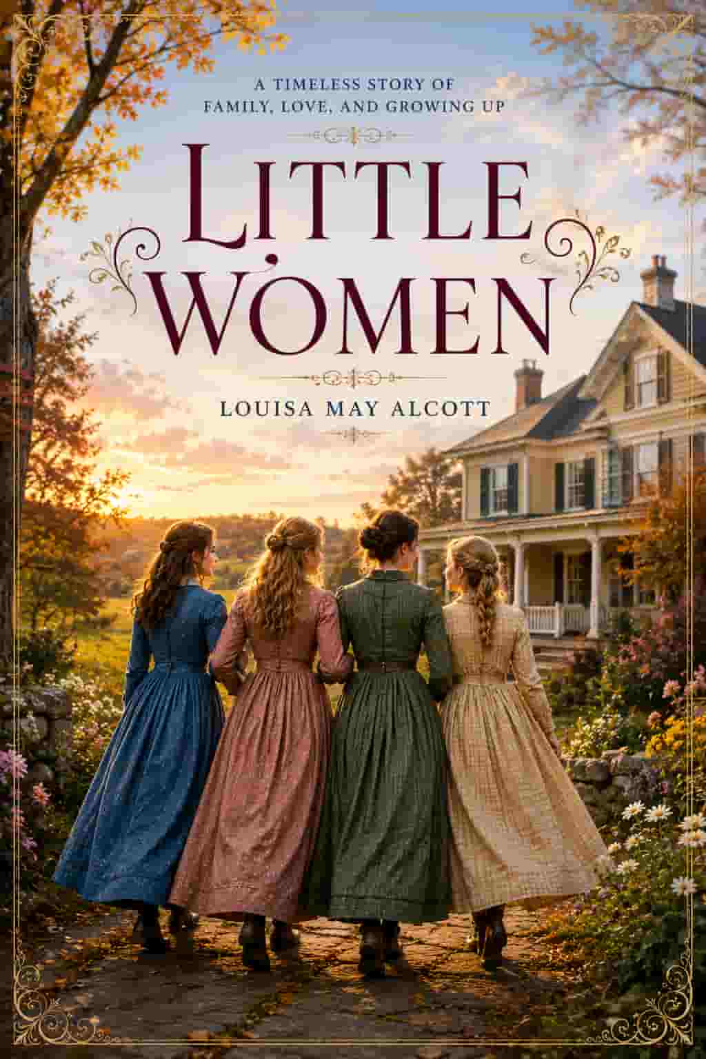 Little Women book cover featuring the four March sisters walking through a colorful autumn landscape with a warm Victorian home.