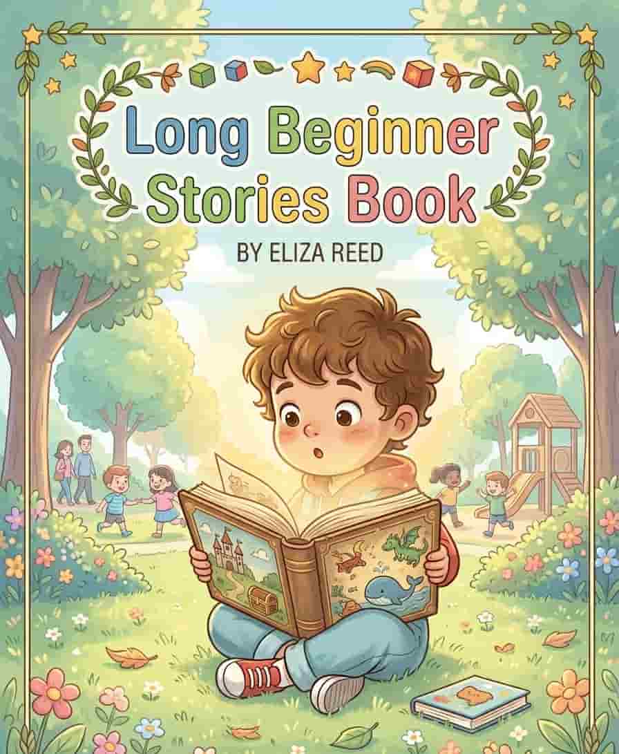 A bright and friendly children’s book cover showing a child reading a large open book with soft light