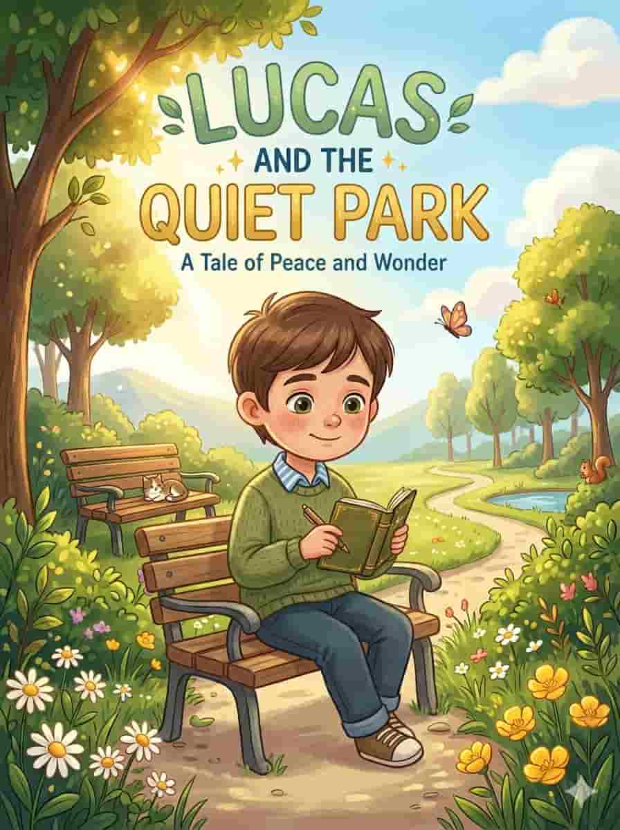 A young boy sitting on a bench in a quiet park holding a small notebook