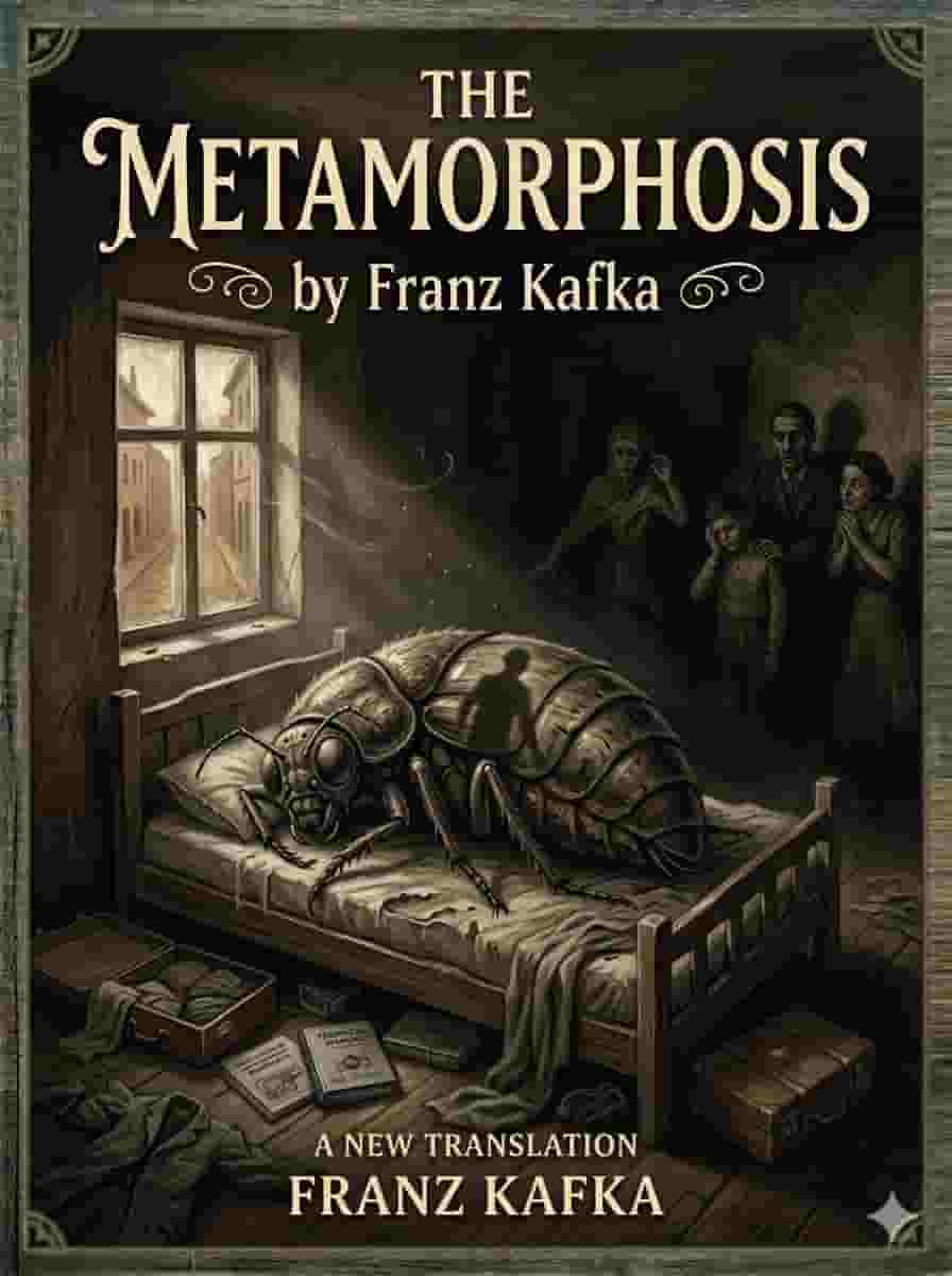 A giant insect in a dark room with soft light from a window, symbolic and emotional book cover design