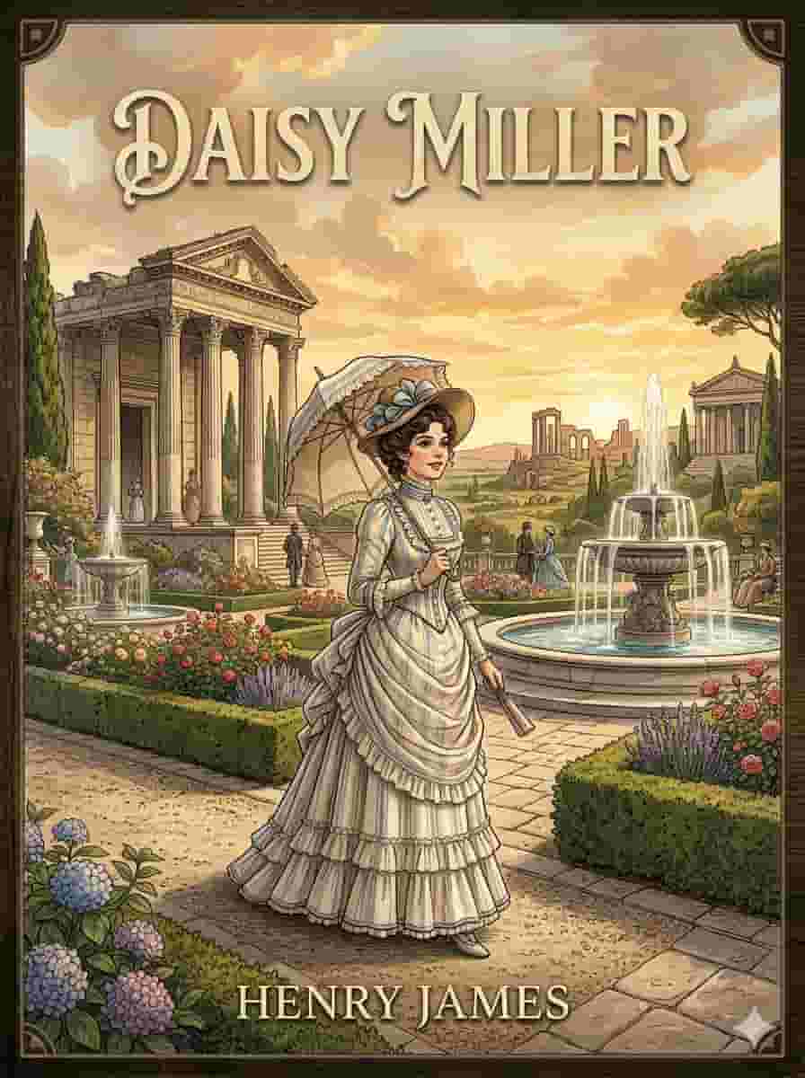 Young woman with a parasol in a European garden, elegant and classic literary book cover design