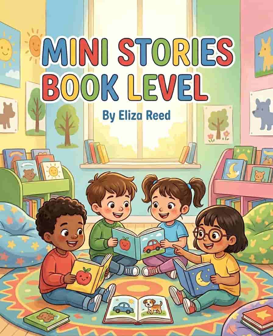 A colorful children’s book cover with multiple kids reading books together in a bright and friendly environment