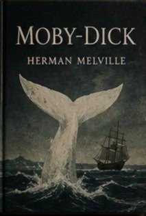 Moby-Dick classic novel cover featuring a white whale, a sailing ship, and a timeless story of adventure, obsession, and nature.