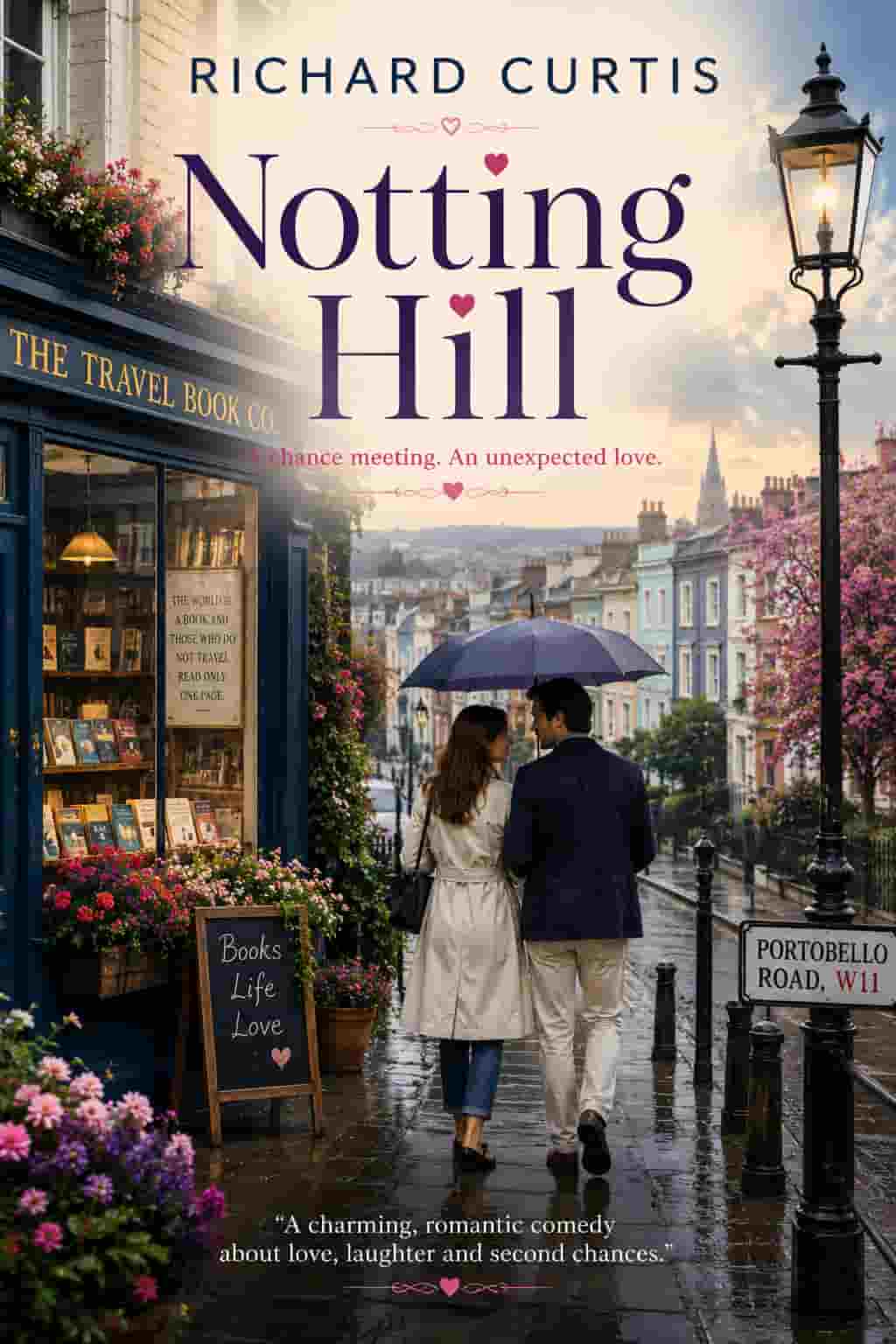 Notting Hill book cover featuring a charming London street, a cozy bookshop, and a couple walking beneath colorful umbrellas.