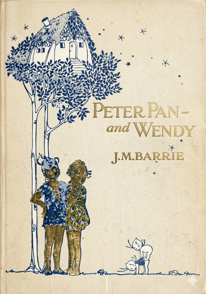 Classic book cover of Peter Pan and Wendy by J.M. Barrie featuring the original 1911 illustration with gold and navy blue accents.